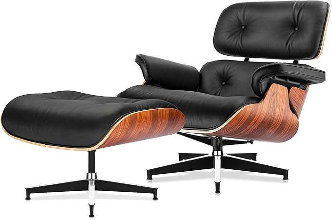 Top Black Grain Leather, Mid Century Chaise Lounge Chair and Ottoman, Modern Chair Classic Design, Palisander Wood, Heavy Duty Base Support for Living Room Office