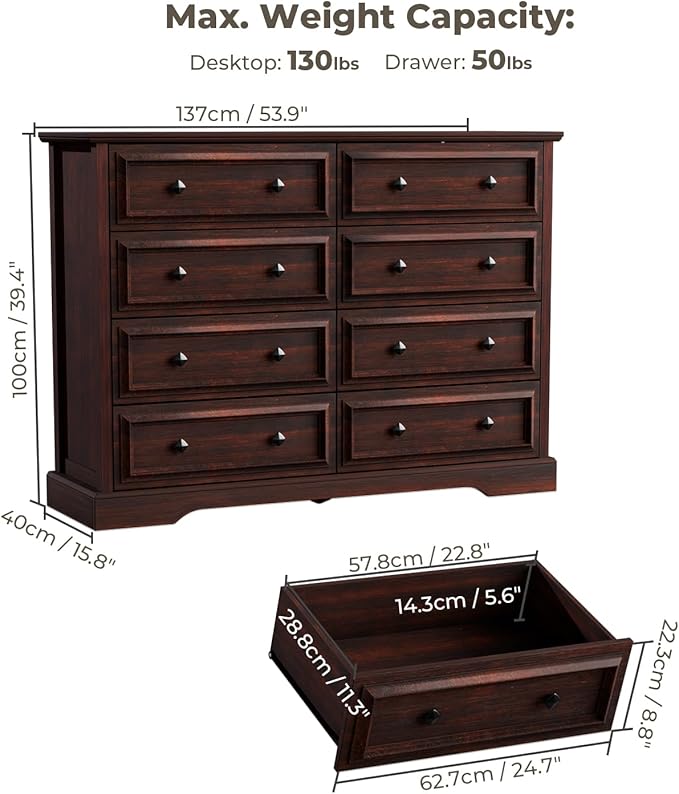 Farmhouse 8 Drawer Dresser for Bedroom, 54" Wide Wood Dresser with Natural Texture, Vintage Metal Double Hand Knobs, Rustic Chest of Drawers for Bedroom, Living Room, Hallway, Cherry