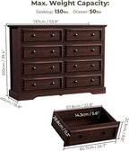 Farmhouse 8 Drawer Dresser for Bedroom, 54" Wide Wood Dresser with Natural Texture, Vintage Metal Double Hand Knobs, Rustic Chest of Drawers for Bedroom, Living Room, Hallway, Cherry