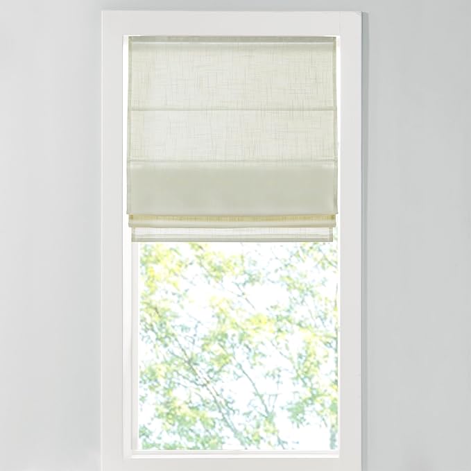 Madison Park Kyler Cordless Roman Shades - Single Panel, Lightweight Linen Blend Fabric, Natural Design, Easy Installation, Light Filtering Window Blind, Bedroom, Living Room Decor 31"W x 64"L Ivory