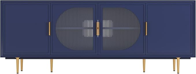 66" Modern TV Stand for TVs up to 75",TV Cabinet with Glass Door,Entertainment Center with Storage,Television Stands with Gold Legs,Media Console for Bedroom,Living Room,Blue