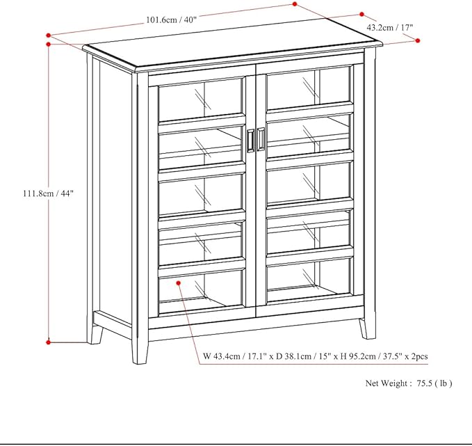 SIMPLIHOME Burlington SOLID WOOD 40 inch Wide Transitional Medium Storage Cabinet in Mahogany Brown, with 2 Tempered Glass Doors that open to 4 Adjustable Shelves