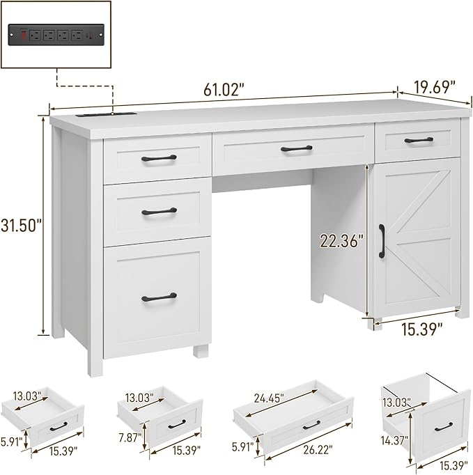 Vabches Farmhouse 61'' Executive Desk with 5 Drawers, Rustic Office Desk Computer Desk with Charging Station, File Drawers and Storage Cabinet, Wood Workstation for Study and Home Office,(Cream White