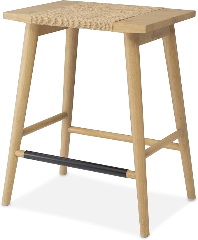 Thor Wicker Counter Height Wooden Counter Stool with Hand-Knitted Rope, K/D, Backless Island 24" Wicker Stool for Kitchen, Solid Wood (4, Thor Counter Stool - Light Oak)
