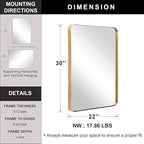 Andy Star Gold Bathroom Mirror,22x30'' Brushed Brass Metal Frame Rounded Corner Wall Mirror,Rectangle Wall Mounted Mirror Glass Panel Hangs Horizontal or Vertical for Bathroom,Vanity,Washroom