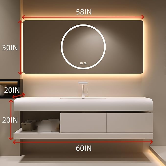 60IN Bathroom Vanity with Sink - Bathroom Cabinet Set has 2 Drawers & Overflow Hole Wall Mounted | LED Practical Defogging Mirror, Open Compartments, Seamless Rock Slab Basin (Cream White)