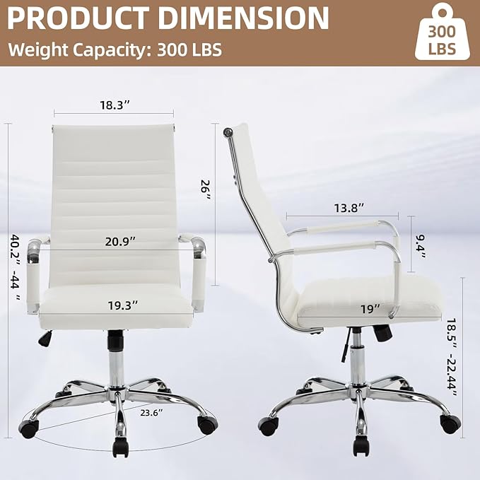 Conference Room Chairs, Ergonomic Executive Office Chair, Ribbed Leather Desk Chair with Lumbar Support, Adjustable Height Mid-Back Swivel Chair with Padded Seat