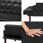 74" Loveseat Sofa with Vintage Button Tufting, Faux Leather Convertible Sleeper Futon Sofa Bed with Spring Cushion and Wood Legs for Apartments, Offices, Reception Areas, Living Rooms, Black