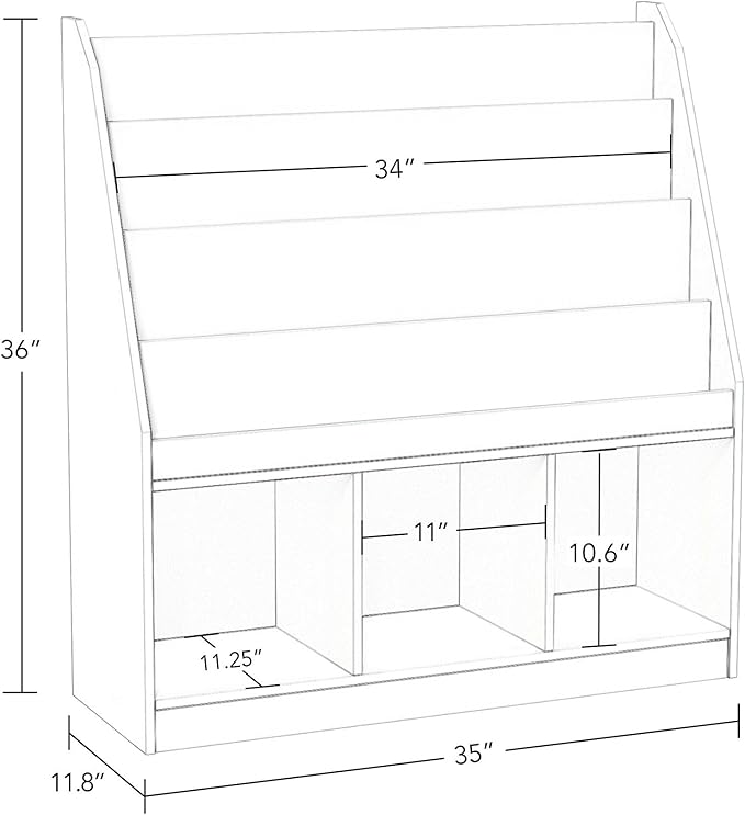 Kids Bookrack with Three Cubbies and 2 Red Bins
