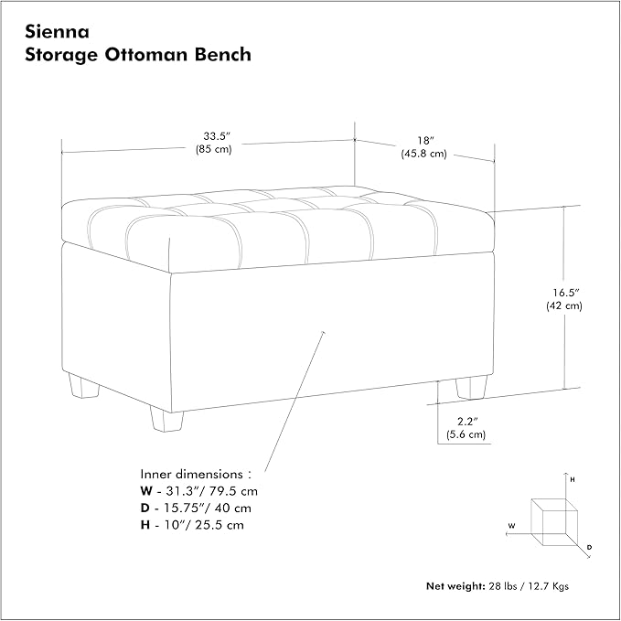 SIMPLIHOME Sienna 33 inch Wide Transitional Rectangle Storage Ottoman Bench in Stone Grey Vegan Faux Leather, Assembled, For the Living Room, Entryway and Family Room
