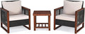 COSTWAY 3 Pieces Wicker Patio Furniture Set, Outdoor Wicker Sofa with Acacia Wood Frame, Coffee Table & Washable Cushions, Rattan Conversation Sets for Yard, Porch, Bistro, Balcony, Backyard, Beige
