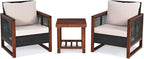 COSTWAY 3 Pieces Wicker Patio Furniture Set, Outdoor Wicker Sofa with Acacia Wood Frame, Coffee Table & Washable Cushions, Rattan Conversation Sets for Yard, Porch, Bistro, Balcony, Backyard, Beige