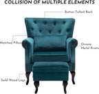 Accent Reading Arm Chairs with Ottoman Set of 2 for Living Room Bedroom, Midcentury Modern Corner Sofa Chair, Wingback Waiting Room Club Chair with Tufted Back &Lumbar Pillow, Velvet Teal