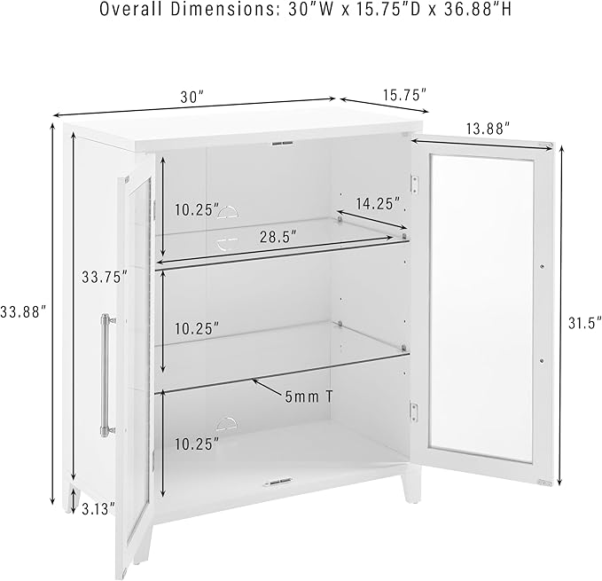 Crosley Furniture Roarke Stackable Glass Door Kitchen Pantry Storage Cabinet, Accent Cabinets for Entryway, White