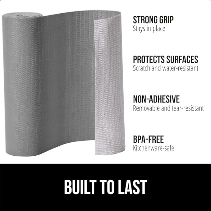 GORILLA GRIP Slip Resistant Drawer and Shelf Liner 2 Pack, Non Adhesive Water Resistant, Easy Clean and Trim, Smooth Surface Liners for Kitchen Cabinet, Shelves, Drawers, Pantry, 17.5 IN x 20 FT, Gray