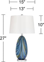 Possini Euro Design Pablo Modern Style 3-Way Table Lamp with Table Top Dimmer 27" Tall Multi Color Blue Art Glass Fabric Drum Shade for Living Room Bedroom Bedside Nightstand Home (Color May Vary)