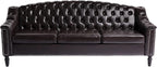 LEVNARY Mid-Century Modern Leather Couch, 80" Large Upholstered Sofa with High Back, Chesterfield Sofa Sleeper Settee with Solid Wood Legs, Tufted 3 Seater Wide Couches for Living Room Office (Brown)