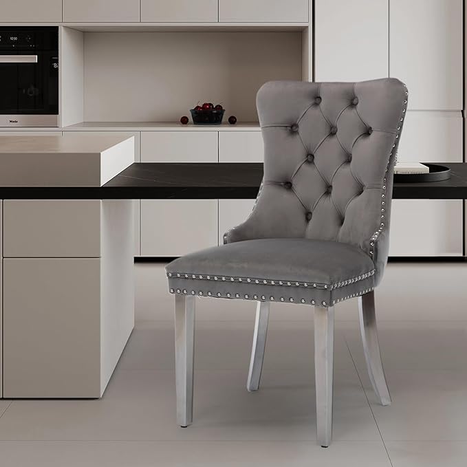 Velvet Upholstered Dining Chairs Set of 8, Modern Style Kitchen Side Chairs with Nailhead Trim and Silver Plated Leg, Metal Pulling Ring for Dining Room Living Room(Grey)