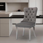 Velvet Upholstered Dining Chairs Set of 8, Modern Style Kitchen Side Chairs with Nailhead Trim and Silver Plated Leg, Metal Pulling Ring for Dining Room Living Room(Grey)