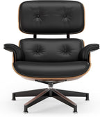 Top Black PU Leather, Mid Century Chaise Lounge Chair and Ottoman, Modern Chair Classic Design, Palisander Wood, Heavy Duty Base Support for Living Room Office