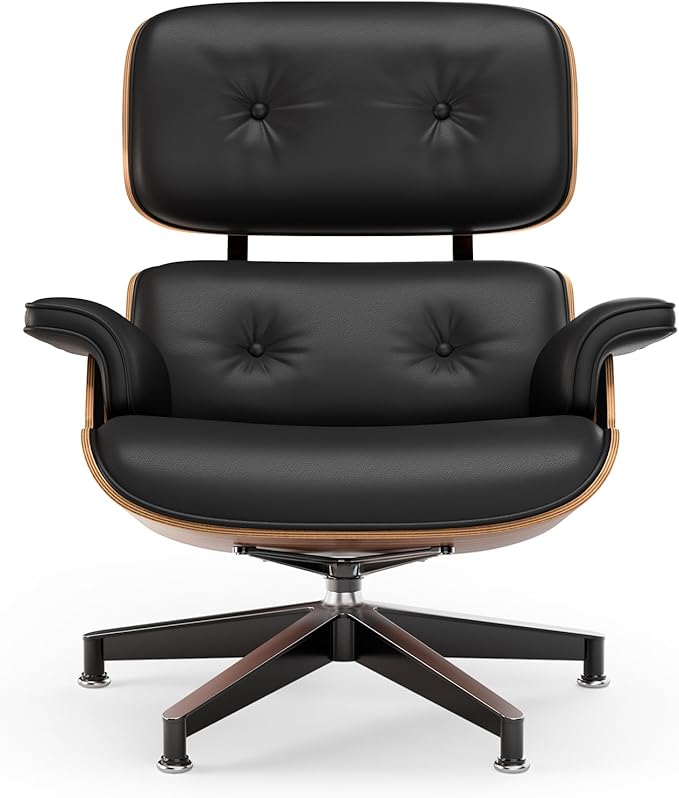 Top Black PU Leather, Mid Century Chaise Lounge Chair and Ottoman, Modern Chair Classic Design, Palisander Wood, Heavy Duty Base Support for Living Room Office