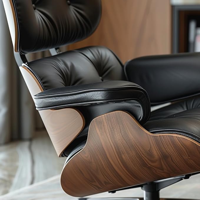 Top Black Grain Leather, Mid Century Chaise Lounge Chair and Ottoman, Modern Chair Classic Design, Walnut Wood, Heavy Duty Base Support for Living Room Office