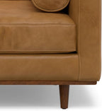 SIMPLIHOME Morrison Accent Chair - 43 inch Wide Upholstered Top Grain Genuine Leather Mid-Century Modern Arm Chair with Solid Wood Frame in Sienna, for Living Room or Bedroom with 2 Bolster Pillows