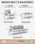 Aluminum Outdoor Patio Furniture Set 4 Piece, Oversized Patio Conversation Sets Widened Armrest & Ultra-Thick Cushions, Deep Seating Modern Sectional Furniture for Backyard, Porch, White