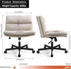 EMIAH Armless Office Desks Chair with Wheels PU-Padded Vanity Chair Mid-Back Ergonomic Home Office Computer Chair Comfortable Adjustable Swivel Task Chair with Thickened Cushion