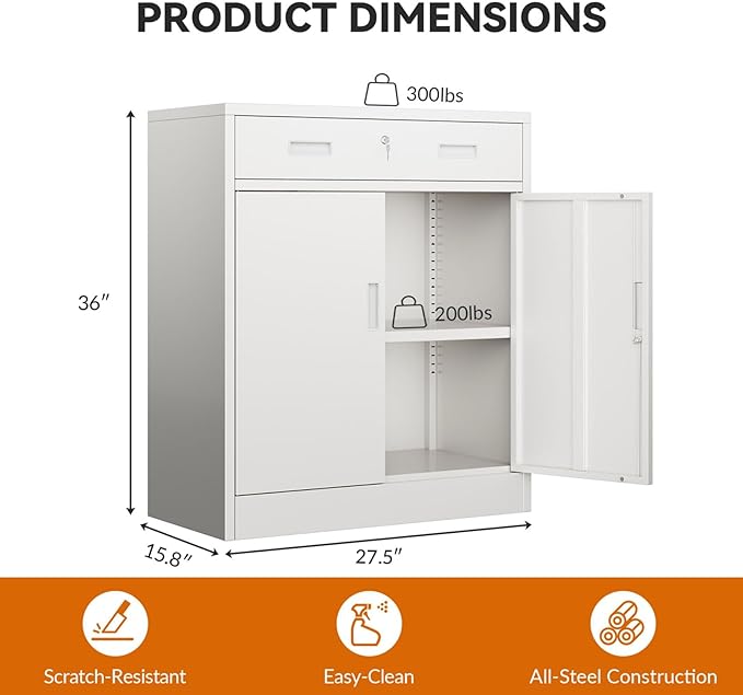 BESFUR 36" H Metal Cabinet with Lockable Drawer and 2 Lockable Doors, White Locking Cabinet with Adjustable Shelf, Lockable Storage Cabinet for Home Office, Garage,School, Warehouse, Utility Room