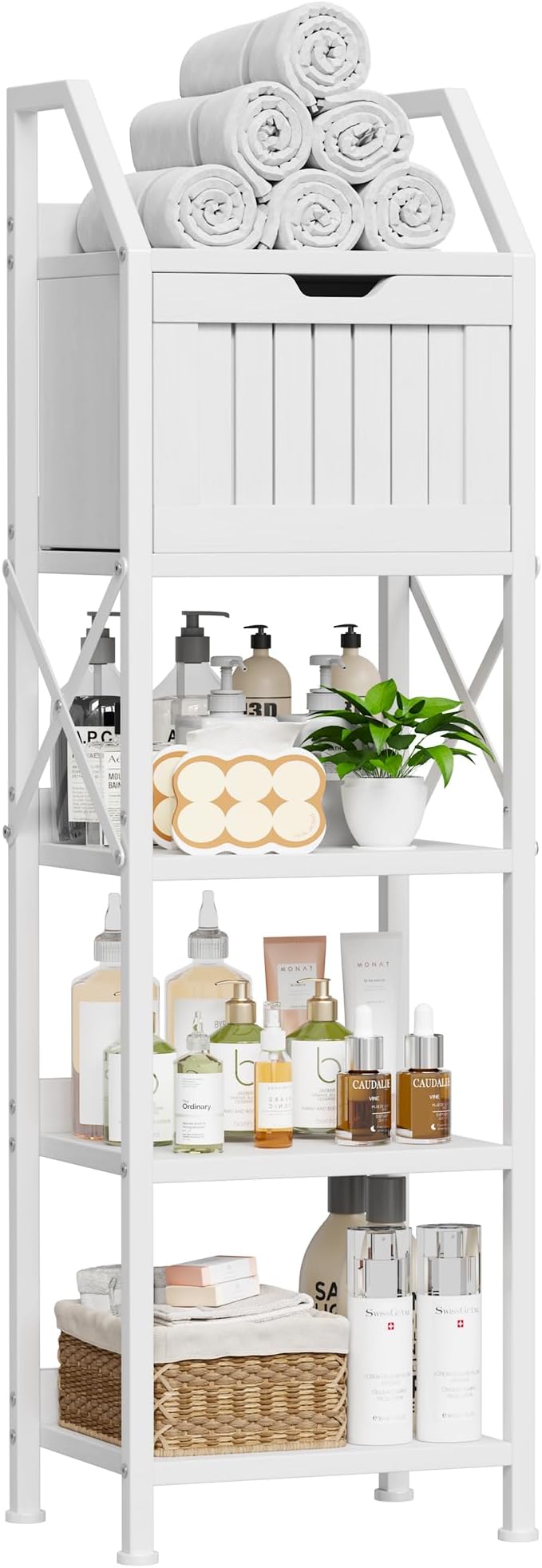 Bathroom Floor Cabinet, 5-Tier Bathroom Storage Organizer Rack with Drawer, Multifunctional Corner Unit, 47.24 Inches in Height, White