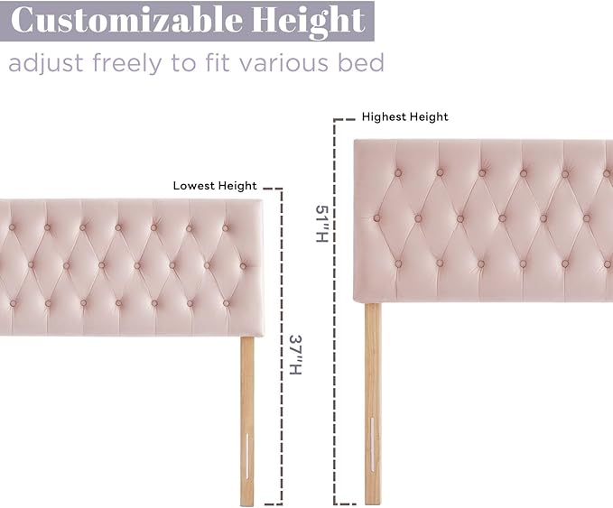 Kingfun Tufted Upholstered King Size Bed Headboard in Modern Button Design, Adjustable Solid Wood Head Board, Premium Velvet Fabric Padded Headboards in Bedroom (Pink)