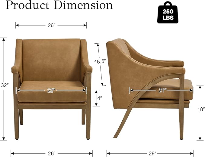 EALSON Modern Accent Chairs Set of 2 Comfy Leather Living Room Chairs with Wooden Frame and Armrest Mid Century Upholstered Reading Lounge Armchairs for Living Room/Bedroom/Reading/Balcony, Brown