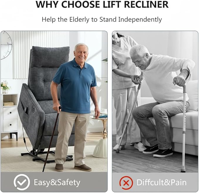 PELUMY Manual Lift Recliner Chair with Massage and Heat for Elderly, Single Motor Electric Lift Chair, Heavy Duty Recliner with USB Charging & Side Pockets (Chenille, Grey)