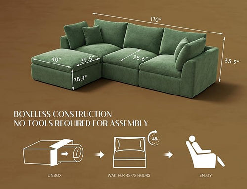 110" Cloud Sectional Couches for Living Room, Boneless L-Shape Couch with Ottoman, 3 Seater Modular Sectional Sofa, Green
