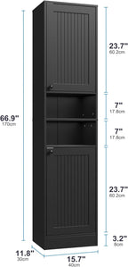 Farmhouse Bathroom Cabinet with 2 Doors, 67" Tall Slim Freestanding Cabinet, Narrow Floor Storage Unit with Open Shelf and Adjustable Shelves for Bathroom, Living Room, Kitchen, Black