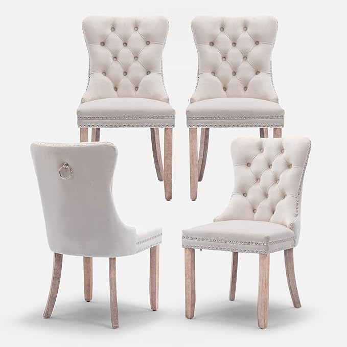 Velvet Upholstered Dining Chairs Set of 4, Modern Style Kitchen Side Chairs with Nailhead Trim and Wood Legs,Metal Pulling Ring for Dining Room Living Room(Beige,Set of 4)