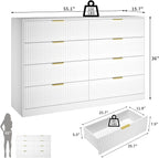 White Fluted Dresser Bedroom with 8 Drawer,55” Wide White Double Drawer Dresser Modern Chest of Drawers with Gold Handles,Wood TV Stand for Bedroom,Living Room