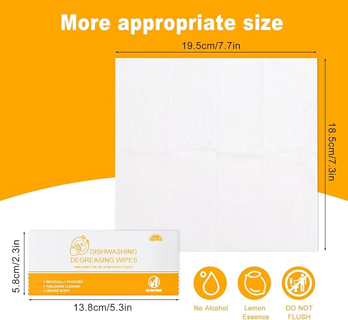 Dish Cleaning Wipes Individually Wrapped Travel Dish Soap Wipes Orange Scent Disposable Wipes Portable for Kitchen Outdoor Traveling Camping RV Quick Clean (200)