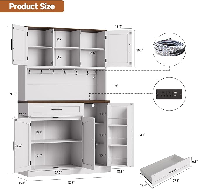ONBRILL 71" Pantry Cabinet, Kitchen Pantry Storage Cabinet with LED Light & Outlet, Kitchen Hutch with Microwave Shelf & 6 Hook, Door Shelf & Drawer & Adjustable Shelf, Dining Room, Off White+Walnut
