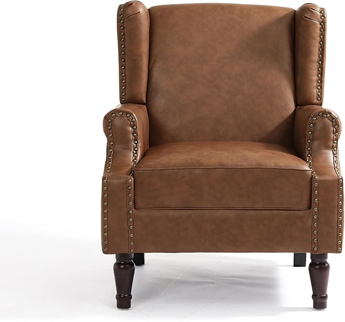 Pia Ricco High Back Floral Accent Chair - Retro Wingback Upholstered Armchair in Faux Leather, Nailhead Trim & Solid Wood Legs for Living Room Bedroom Reading Chair（Brown