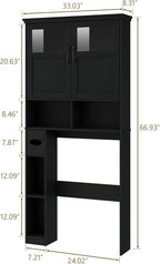 Vabches Over The Toilet Storage Cabinet, Storage Cabinet Over Toilet with Double Doors & Toilet Paper Holder Stand, Freestanding Toilet Shelf Space Saver with Anti-Tip Design & Adjustable Shelf, Black