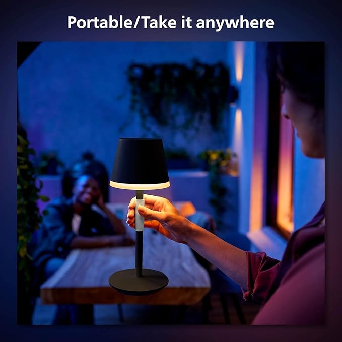 Philips Hue Go Smart Portable Table Lamp, 1 Pack, Black, White and Color Ambiance LED Color-Changing Light, Smart LED Lamp for Indoor and Outdoor Use, Control with Hue App or Voice Assistant
