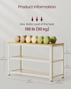 VASAGLE, 3-Tier Shoe Rack, Shelf Storage Bench with Metal Mesh Shelves and Seat, Free Standing Shoe Organizer for Entryway, 11.8 x 28.7 x 17.7 Inches, Oak Beige and Classic White ULBS073W09