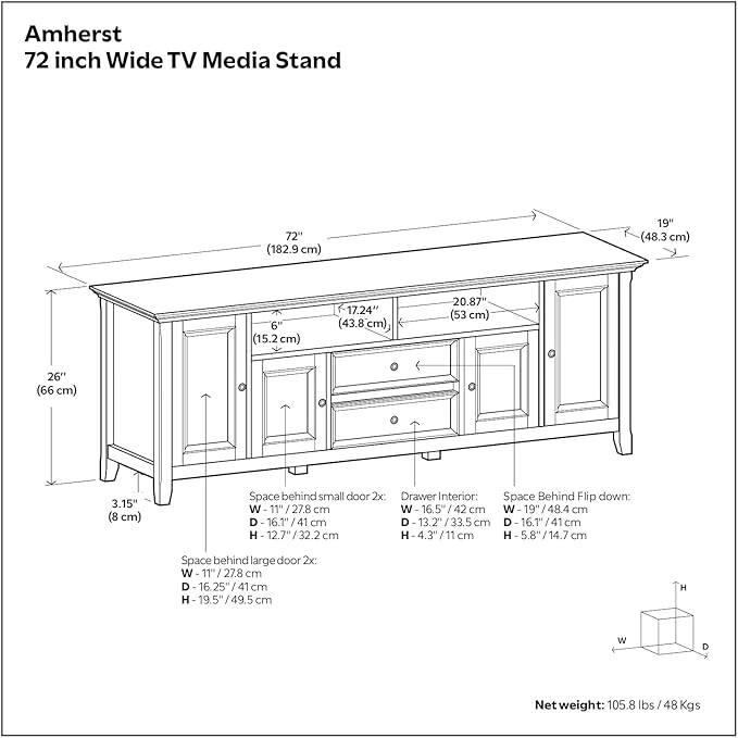 SIMPLIHOME Amherst 72-inch Wide Solid Wood TV Stand in Hickory Brown, Transitional-Style Media Console for Living Room with Cable Management and Adjustable Shelves, Fits 80" TVs