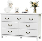 White Dresser for Bedroom, Modern 7 Drawer Double Dresser with Vintage Gold Antique Handles, Chest of Drawers for Bedroom, Antique White