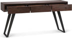 SIMPLIHOME Lowry Console Table - 60 Inch Wide Solid Acacia Wood Sofa Table in Distressed Charcoal Brown, Modern Industrial Storage Table for Living Room with 3 Drawers and Angled Metal Legs