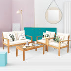 COSTWAY 4 Pieces Outdoor Acacia Wood Sofa Set, Outdoor Conversation Sofa Set with Table & Cushions Porch Chairs for Garden, Patio, Deck