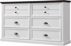 Farmhouse 6 Drawers Dresser for Bedroom, 58" Wide Dresser Chest of Drawers Organizer Storage, Wood Rustic Chest for Closet w/Two Different Drawer Sizes for Living Room, Hallway, White