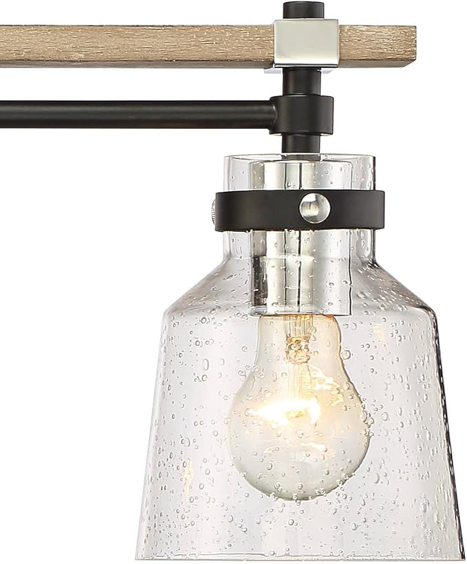 Possini Euro Design Broadway Modern Industrial Wall Light Black Painted Faux Wood Hardwired 32" 4-Light Fixture Clear Seedy Glass Shade for Bedroom Bedside Bathroom Vanity Living Room Hallway House